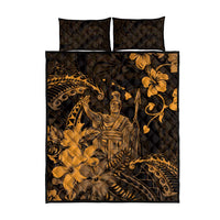 Hawaii King Kamehameha Day Quilt Bed Set Polynesian Pattern Mix Hibiscus Gold