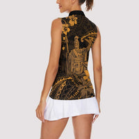 Hawaii King Kamehameha Day Women Sleeveless Polo Shirt Polynesian Pattern Mix Hibiscus Gold LT05 - Polynesian Pride
