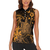 Hawaii King Kamehameha Day Women Sleeveless Polo Shirt Polynesian Pattern Mix Hibiscus Gold LT05 - Polynesian Pride