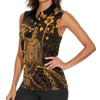 Hawaii King Kamehameha Day Women Sleeveless Polo Shirt Polynesian Pattern Mix Hibiscus Gold LT05 - Polynesian Pride