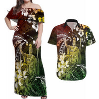 Hawaii King Kamehameha Day Couples Matching Off Shoulder Maxi Dress and Hawaiian Shirt Polynesian Pattern Mix Hibiscus Reggae LT05 Reggae - Polynesian Pride