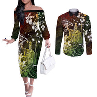 Hawaii King Kamehameha Day Couples Matching Off The Shoulder Long Sleeve Dress and Long Sleeve Button Shirt Polynesian Pattern Mix Hibiscus Reggae LT05 Reggae - Polynesian Pride