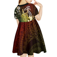 Hawaii King Kamehameha Day Kid Short Sleeve Dress Polynesian Pattern Mix Hibiscus Reggae