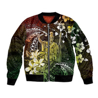 Hawaii King Kamehameha Day Sleeve Zip Bomber Jacket Polynesian Pattern Mix Hibiscus Reggae LT05 Unisex Reggae - Polynesian Pride
