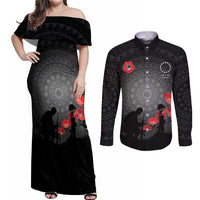 Cook Islands ANZAC Day Couples Matching Off Shoulder Maxi Dress and Long Sleeve Button Shirt Soldier Silhouette Remembrance LT05 Black - Polynesian Pride