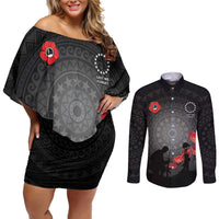Cook Islands ANZAC Day Couples Matching Off Shoulder Short Dress and Long Sleeve Button Shirt Soldier Silhouette Remembrance LT05 Black - Polynesian Pride