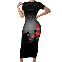 Cook Islands ANZAC Day Short Sleeve Bodycon Dress Soldier Silhouette Remembrance LT05 Long Dress Black - Polynesian Pride