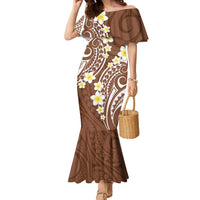 Plumeria With Brown Polynesian Tattoo Pattern Family Matching Mermaid Dress and Hawaiian Shirt LT05 Mom's Dress Brown - Polynesian Pride