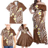Plumeria With Brown Polynesian Tattoo Pattern Family Matching Off Shoulder Maxi Dress and Hawaiian Shirt LT05 - Polynesian Pride