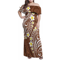 Plumeria With Brown Polynesian Tattoo Pattern Family Matching Off Shoulder Maxi Dress and Hawaiian Shirt LT05 Mom's Dress Brown - Polynesian Pride