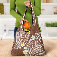 Plumeria With Brown Polynesian Tattoo Pattern Grocery Bag