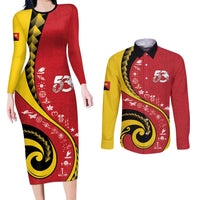 Papua New Guinea 50th Independence Anniversary Couples Matching Long Sleeve Bodycon Dress and Long Sleeve Button Shirt Special Style Red Version LT05 Red - Polynesian Pride