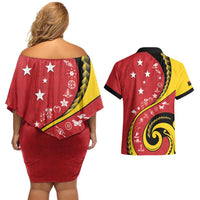 Papua New Guinea 50th Independence Anniversary Couples Matching Off Shoulder Short Dress and Hawaiian Shirt Special Style Red Version - Polynesian Pride