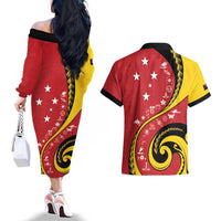 Papua New Guinea 50th Independence Anniversary Couples Matching Off The Shoulder Long Sleeve Dress and Hawaiian Shirt Special Style Red Version - Polynesian Pride