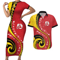 Papua New Guinea 50th Independence Anniversary Couples Matching Short Sleeve Bodycon Dress and Hawaiian Shirt Special Style Red Version - Polynesian Pride