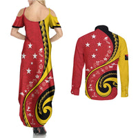 Papua New Guinea 50th Independence Anniversary Couples Matching Summer Maxi Dress and Long Sleeve Button Shirt Special Style Red Version LT05 - Polynesian Pride