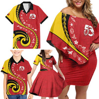 Papua New Guinea 50th Independence Anniversary Family Matching Off Shoulder Short Dress and Hawaiian Shirt Special Style Red Version - Polynesian Pride