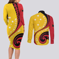 Papua New Guinea 50th Independence Anniversary Couples Matching Long Sleeve Bodycon Dress and Long Sleeve Button Shirt Special Style Yellow Version LT05 - Polynesian Pride
