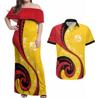 Papua New Guinea 50th Independence Anniversary Couples Matching Off Shoulder Maxi Dress and Hawaiian Shirt Special Style Yellow Version - Polynesian Pride