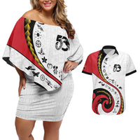 Papua New Guinea 50th Independence Anniversary Couples Matching Off Shoulder Short Dress and Hawaiian Shirt Special Style White Version - Polynesian Pride