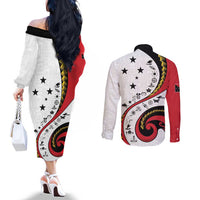 Papua New Guinea 50th Independence Anniversary Couples Matching Off The Shoulder Long Sleeve Dress and Long Sleeve Button Shirt Special Style White Version LT05 - Polynesian Pride