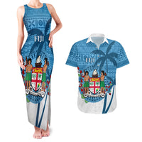 Personalized Fiji Couples Matching Tank Maxi Dress and Hawaiian Shirt Coat Of Arms Tagimoucia With Fijian Tapa Pattern LT05 Blue - Polynesian Pride
