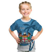 Personalized Fiji Kid T Shirt Coat Of Arms Tagimoucia With Fijian Tapa Pattern LT05 Blue - Polynesian Pride