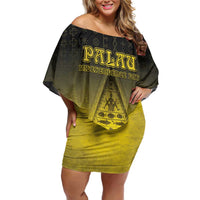 Personalised Palau Independence Day Family Matching Off Shoulder Short Dress and Hawaiian Shirt Palauan Tattoo Pattern - Polynesian Pride