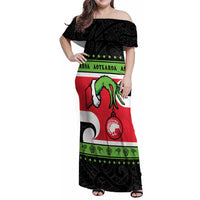 New Zealand Funny Christmas Family Matching Off Shoulder Maxi Dress and Hawaiian Shirt Maori Tiki LT05 Mom's Dress Black - Polynesian Pride