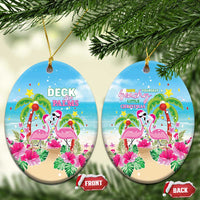 Hawaii Christmas Ceramic Ornament Deck The Palms Holiday Flamingos LT05 Oval Blue - Polynesian Pride