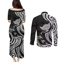Hawaii Manta Ray Couples Matching Puletasi and Long Sleeve Button Shirt Polynesian Art Tattoo