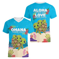 Ohana Hawaii Women V-Neck T-Shirt Kawaii Family Turtle LT05 - Polynesian Pride
