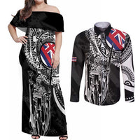 Hawaii King Flag Couples Matching Off Shoulder Maxi Dress and Long Sleeve Button Shirt Hawaiian Maile Lei - Polynesian Pride