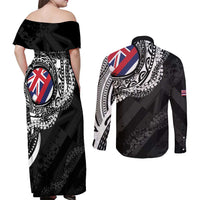 Hawaii King Flag Couples Matching Off Shoulder Maxi Dress and Long Sleeve Button Shirt Hawaiian Maile Lei - Polynesian Pride