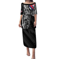 Hawaii King Flag Family Matching Puletasi and Hawaiian Shirt Hawaiian Maile Lei LT05 Mom's Dress Black - Polynesian Pride