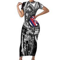Hawaii King Flag Short Sleeve Bodycon Dress Hawaiian Maile Lei - Polynesian Pride