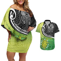 Custom New Zealand Cook Islands Couples Matching Off Shoulder Short Dress and Hawaiian Shirt Maori Tiki With Circle Stars Turtle - Polynesian Pride