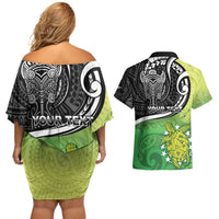 Custom New Zealand Cook Islands Couples Matching Off Shoulder Short Dress and Hawaiian Shirt Maori Tiki With Circle Stars Turtle - Polynesian Pride