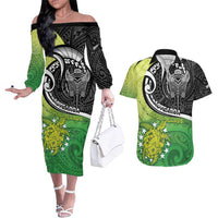 Personalised New Zealand Cook Islands Couples Matching Off The Shoulder Long Sleeve Dress and Hawaiian Shirt Maori Tiki With Circle Stars Turtle LT05 Multicolor - Polynesian Pride
