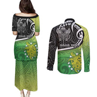 Personalised New Zealand Cook Islands Couples Matching Puletasi and Long Sleeve Button Shirt Maori Tiki With Circle Stars Turtle LT05 - Polynesian Pride