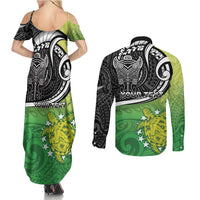 Custom New Zealand Cook Islands Couples Matching Summer Maxi Dress and Long Sleeve Button Shirt Maori Tiki With Circle Stars Turtle - Polynesian Pride