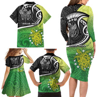 Custom New Zealand Cook Islands Family Matching Long Sleeve Bodycon Dress and Hawaiian Shirt Maori Tiki With Circle Stars Turtle - Polynesian Pride