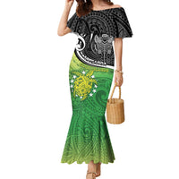 Personalised New Zealand Cook Islands Family Matching Mermaid Dress and Hawaiian Shirt Maori Tiki With Circle Stars Turtle LT05 Mom's Dress Multicolor - Polynesian Pride
