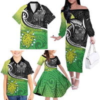 Custom New Zealand Cook Islands Family Matching Off The Shoulder Long Sleeve Dress and Hawaiian Shirt Maori Tiki With Circle Stars Turtle - Polynesian Pride