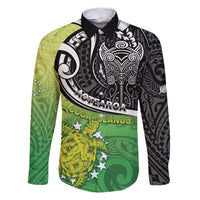 Personalised New Zealand Cook Islands Family Matching Puletasi and Hawaiian Shirt Maori Tiki With Circle Stars Turtle LT05 Dad's Shirt - Long Sleeve Multicolor - Polynesian Pride