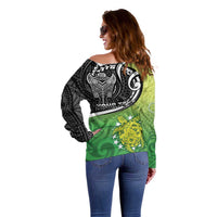 Custom New Zealand Cook Islands Off Shoulder Sweater Maori Tiki With Circle Stars Turtle - Polynesian Pride