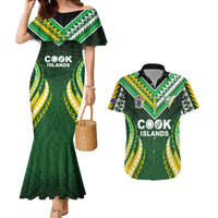 Custom Cook Islands Rugby Couples Matching Mermaid Dress and Hawaiian Shirt Unique Style Green Version LT05 Green - Polynesian Pride
