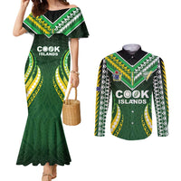 Custom Cook Islands Rugby Couples Matching Mermaid Dress and Long Sleeve Button Shirt Unique Style Green Version - Polynesian Pride