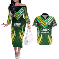 Custom Cook Islands Rugby Couples Matching Off The Shoulder Long Sleeve Dress and Hawaiian Shirt Unique Style Green Version - Polynesian Pride