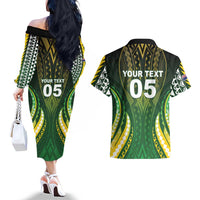 Custom Cook Islands Rugby Couples Matching Off The Shoulder Long Sleeve Dress and Hawaiian Shirt Unique Style Green Version LT05 - Polynesian Pride